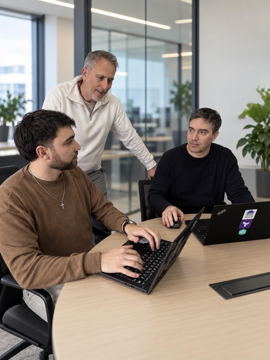 Tres integrantes de EFRA trabajando juntos frente a sus notebooks